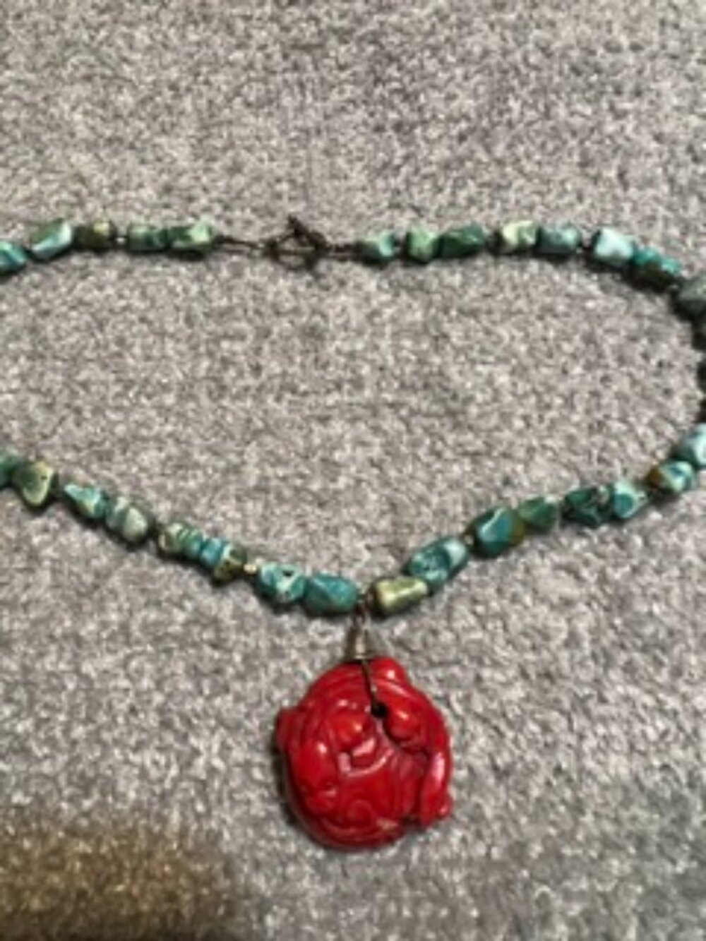 Vintage Unusual 1980s Turquoise Beads with Red Coral Dragon Pendant